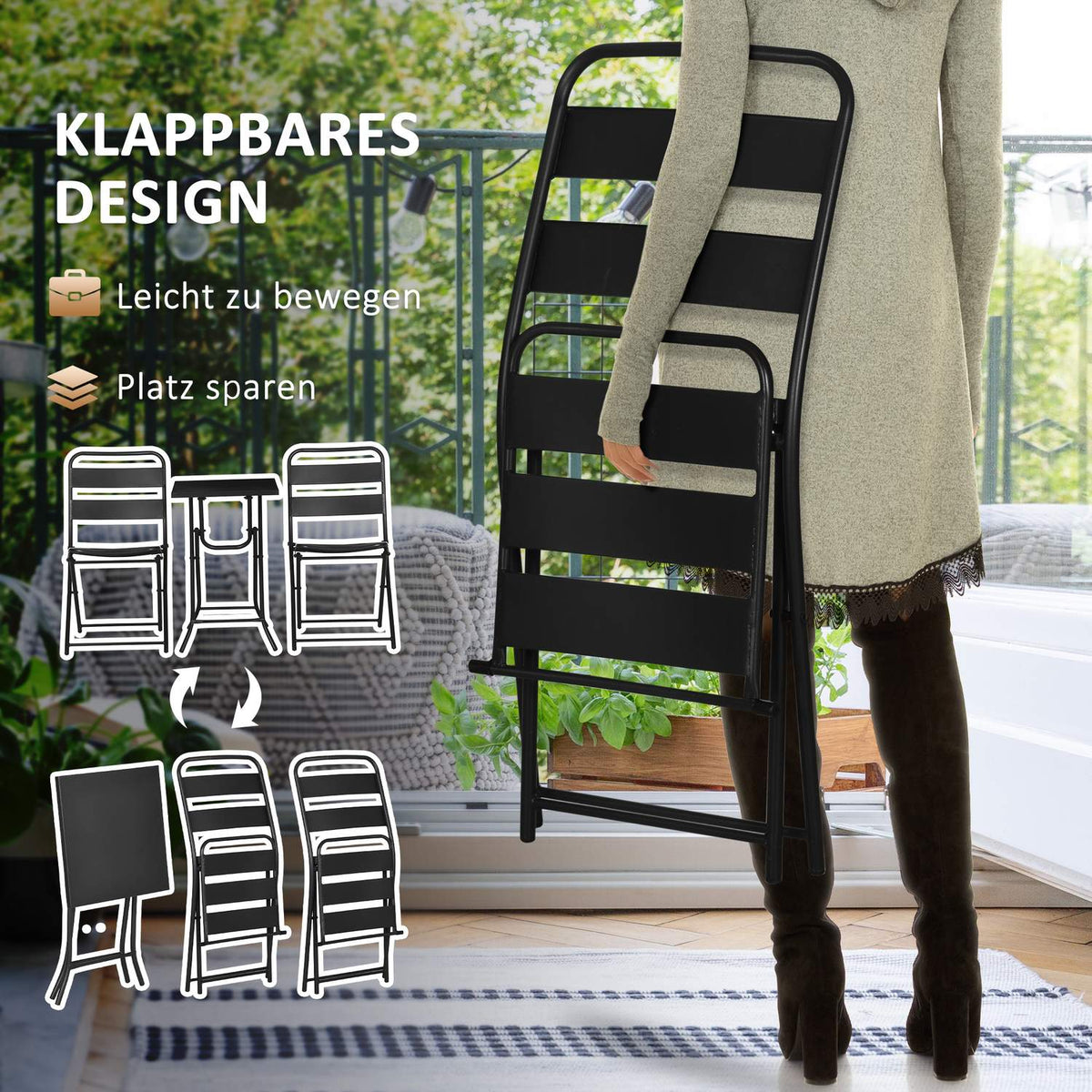 3 Pcs. Garden Furniture Set, Garden Bistro Set Including 1 Folding Table, 2 Folding Chairs, Garden Furniture For Patio, Garden, Balcony, Steel, Black
