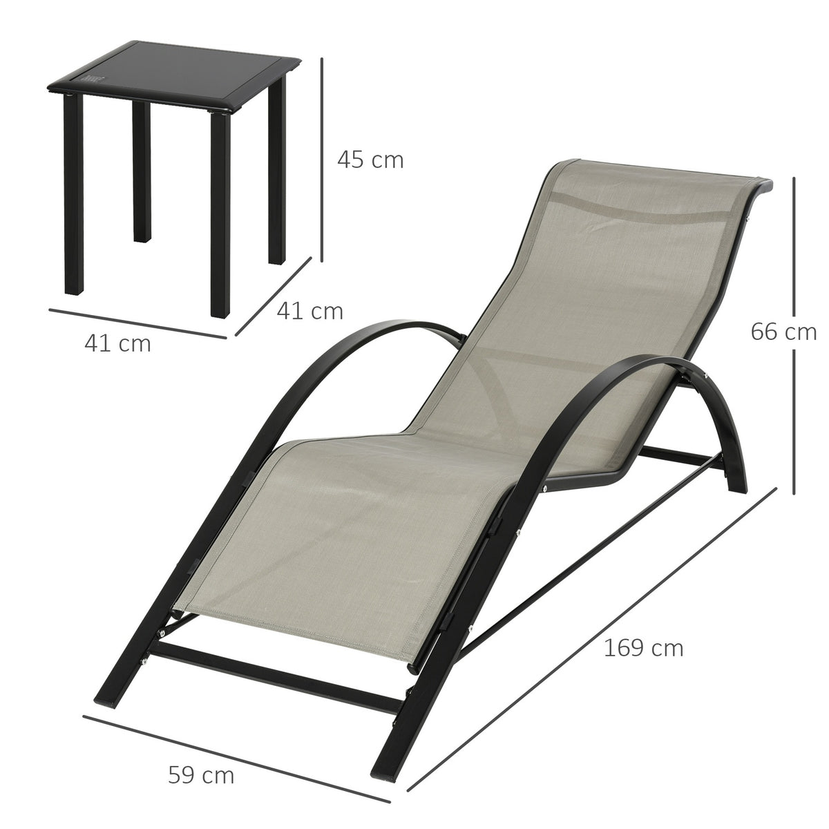 3 Pcs. Garden Lounger With Table Garden Set With 2 Sun Loungers, 1 Side Table Garden Seating Group Garden Table Set Metal Mesh Gray + Black