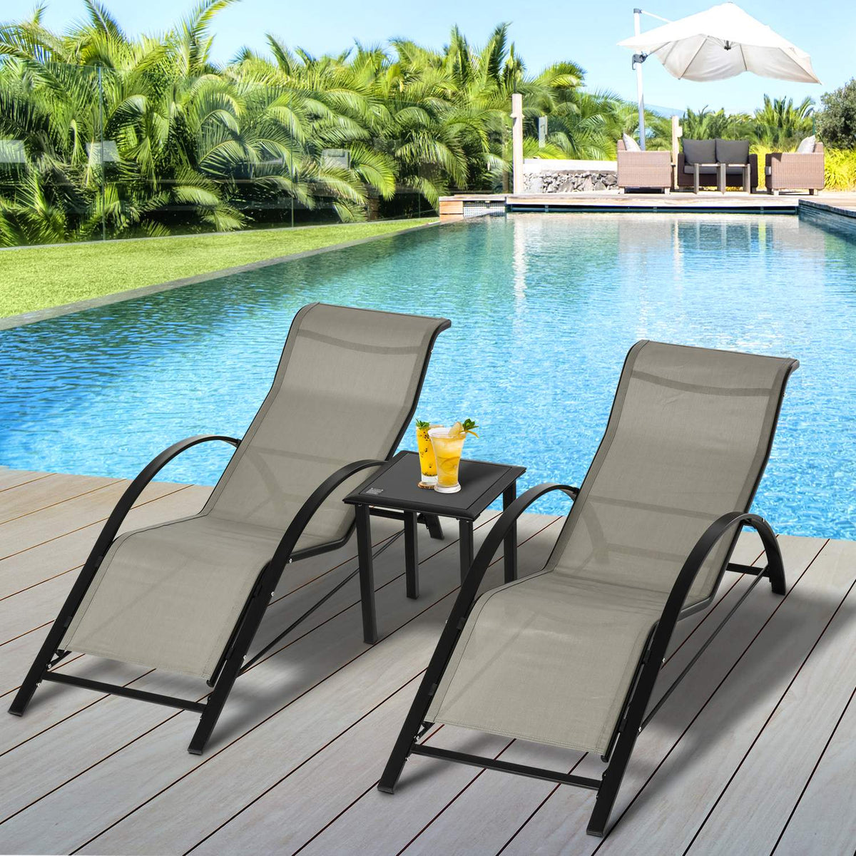 3 Pcs. Garden Lounger With Table Garden Set With 2 Sun Loungers, 1 Side Table Garden Seating Group Garden Table Set Metal Mesh Gray + Black