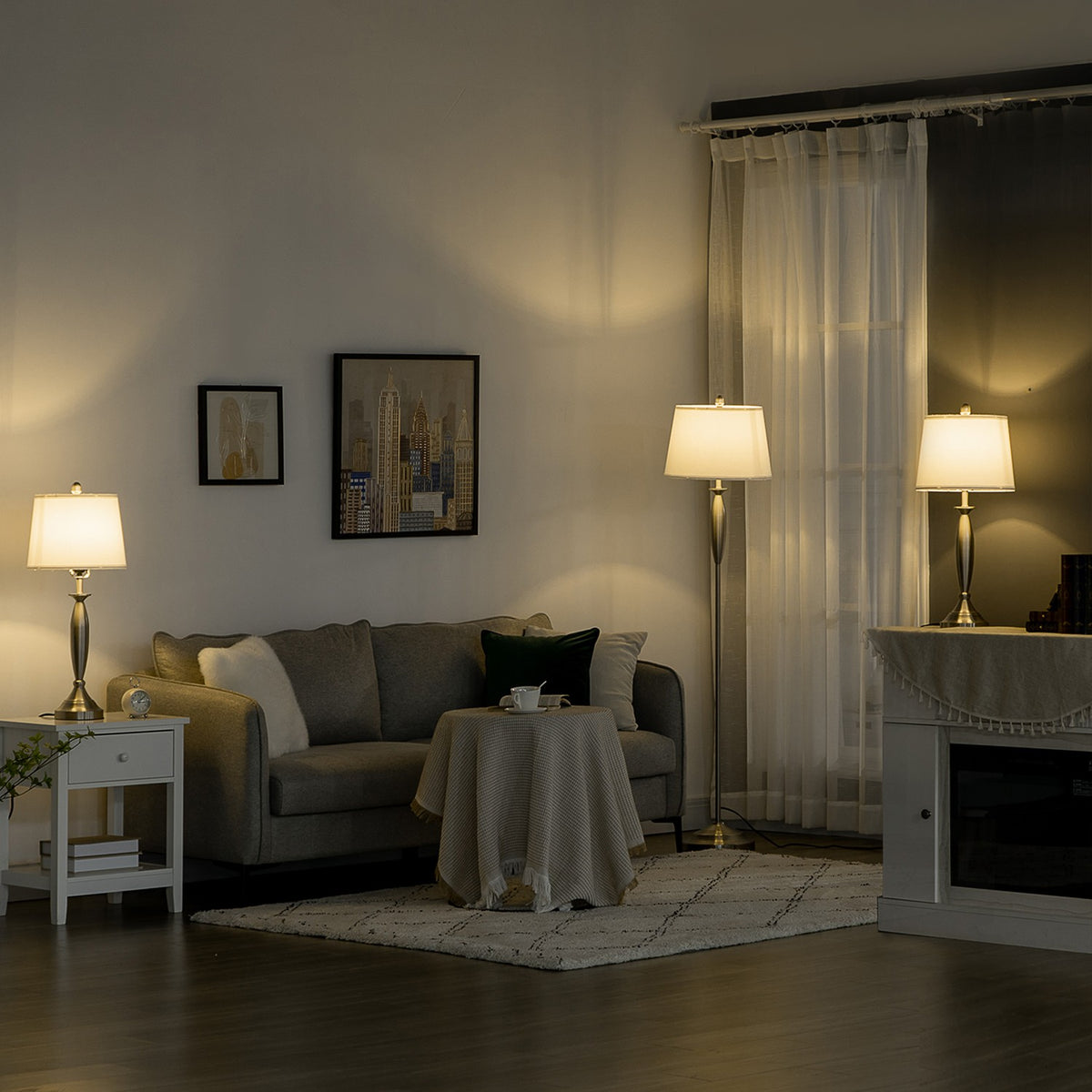 3 Pcs. Lamp Set Floor Lamp 2 Table Lamps E27 Living Room Bedroom Silver + White