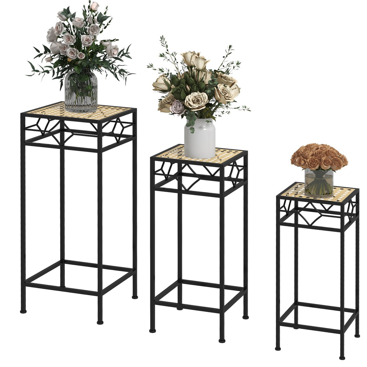 3 Pcs. Plant Stand Stackable Flower Stool Flower Pot Holder With Rattan Look Plant Stool For Garden Balcony Metal Gold