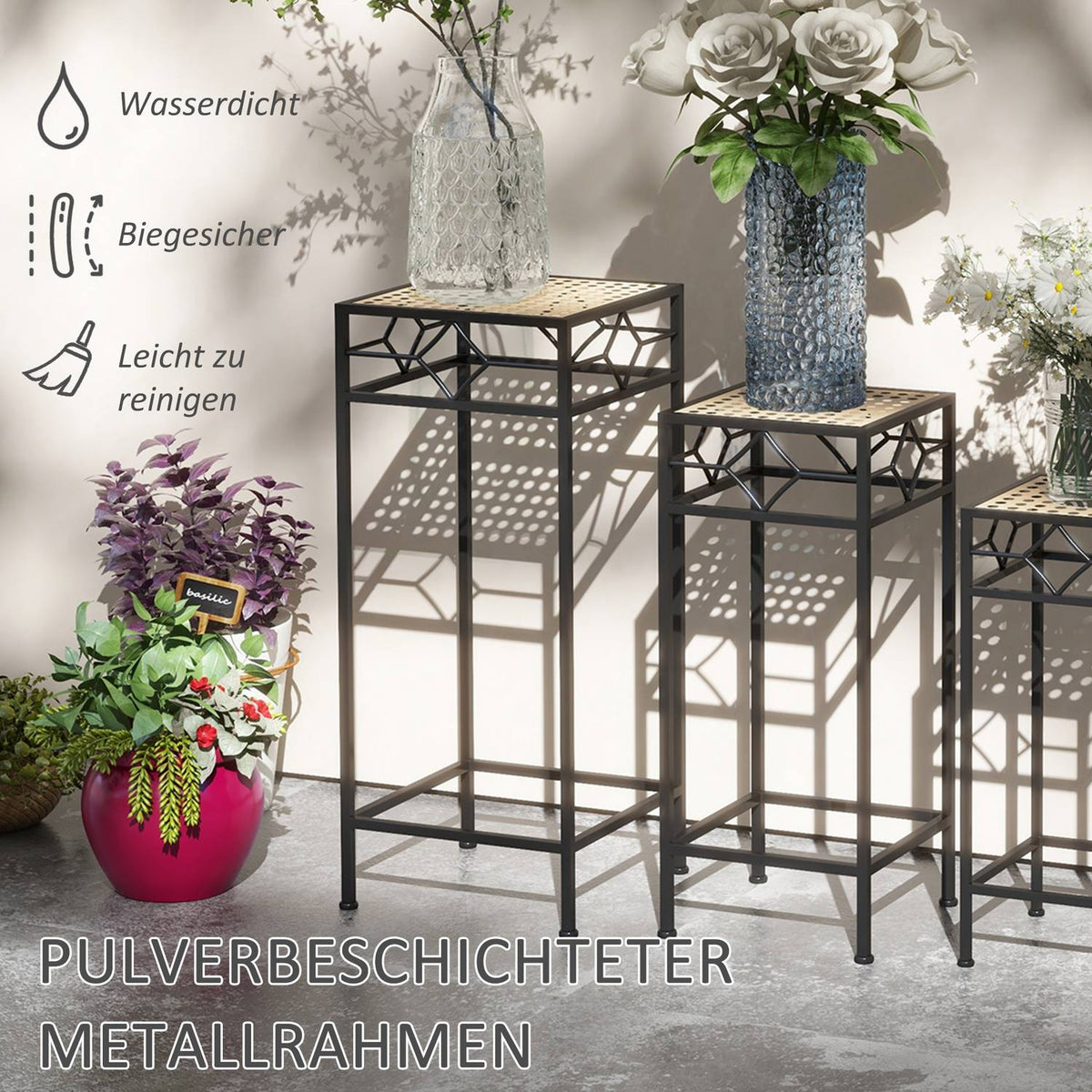 3 Pcs. Plant Stand Stackable Flower Stool Flower Pot Holder With Rattan Look Plant Stool For Garden Balcony Metal Gold