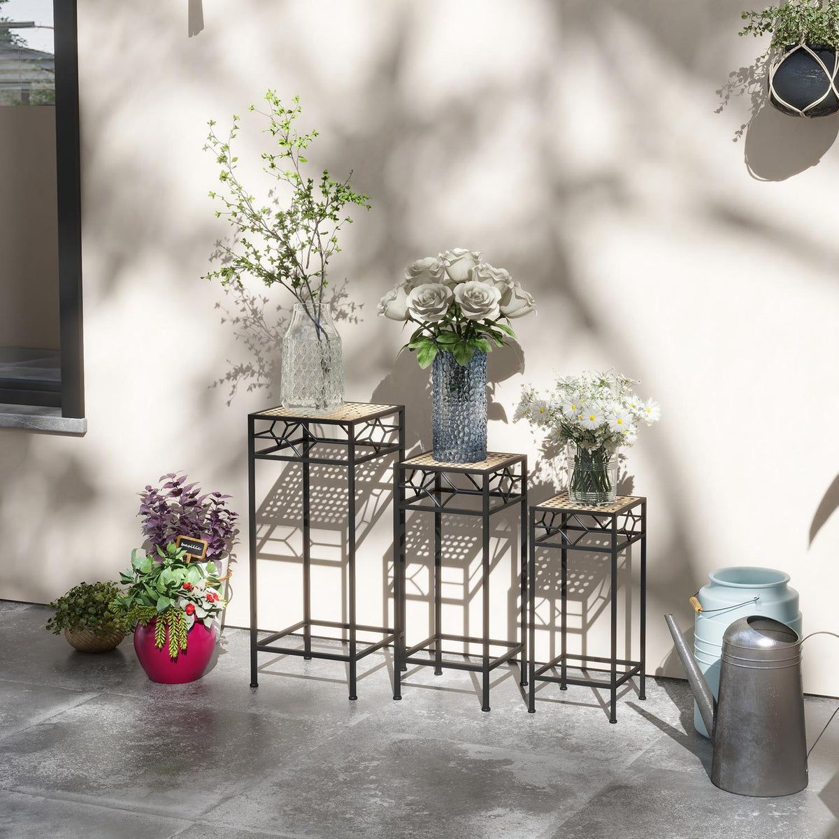 3 Pcs. Plant Stand Stackable Flower Stool Flower Pot Holder With Rattan Look Plant Stool For Garden Balcony Metal Gold