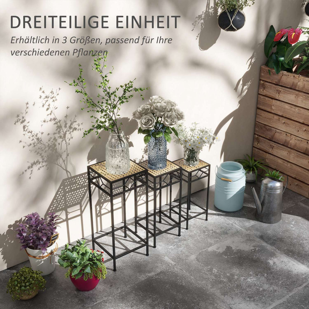 3 Pcs. Plant Stand Stackable Flower Stool Flower Pot Holder With Rattan Look Plant Stool For Garden Balcony Metal Gold