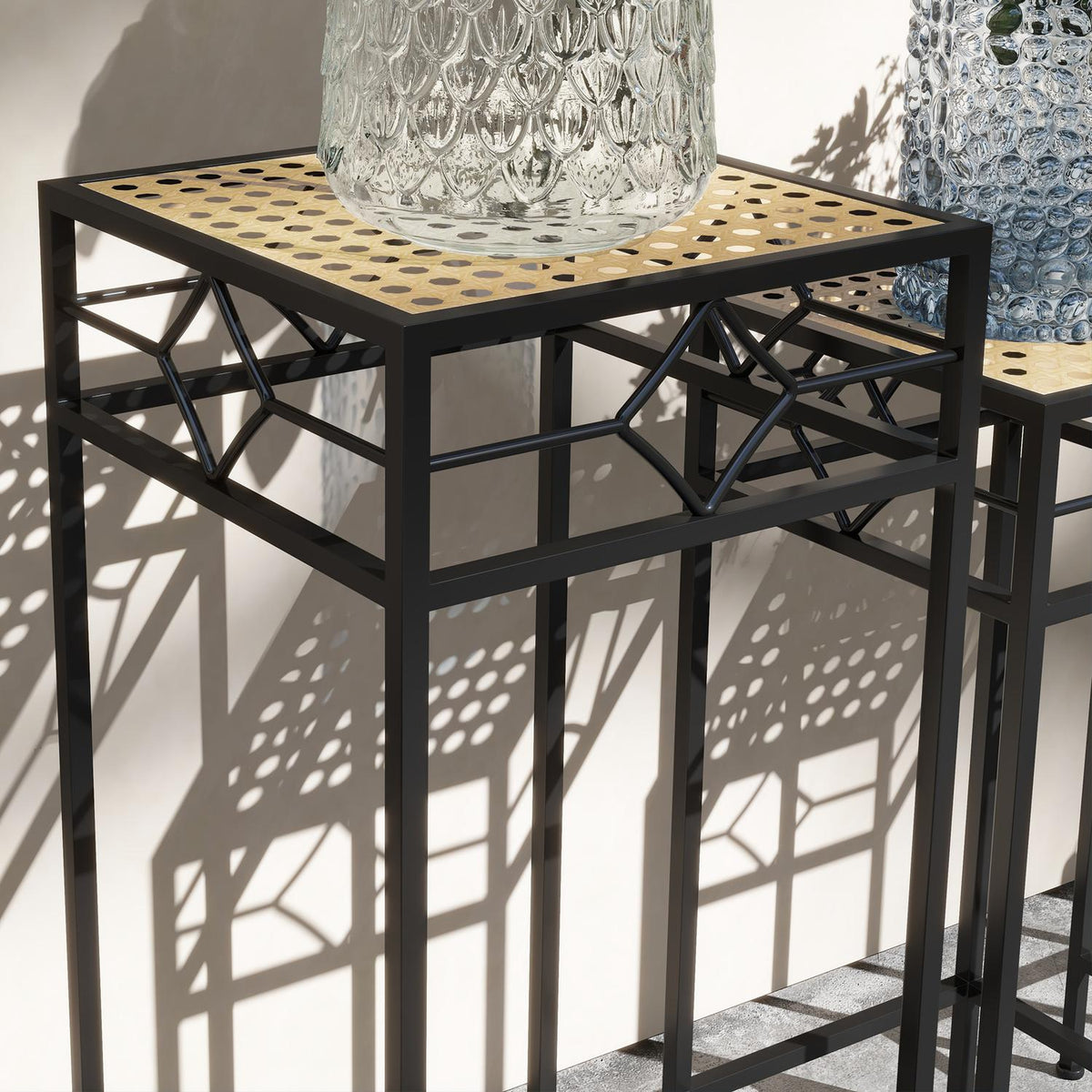 3 Pcs. Plant Stand Stackable Flower Stool Flower Pot Holder With Rattan Look Plant Stool For Garden Balcony Metal Gold