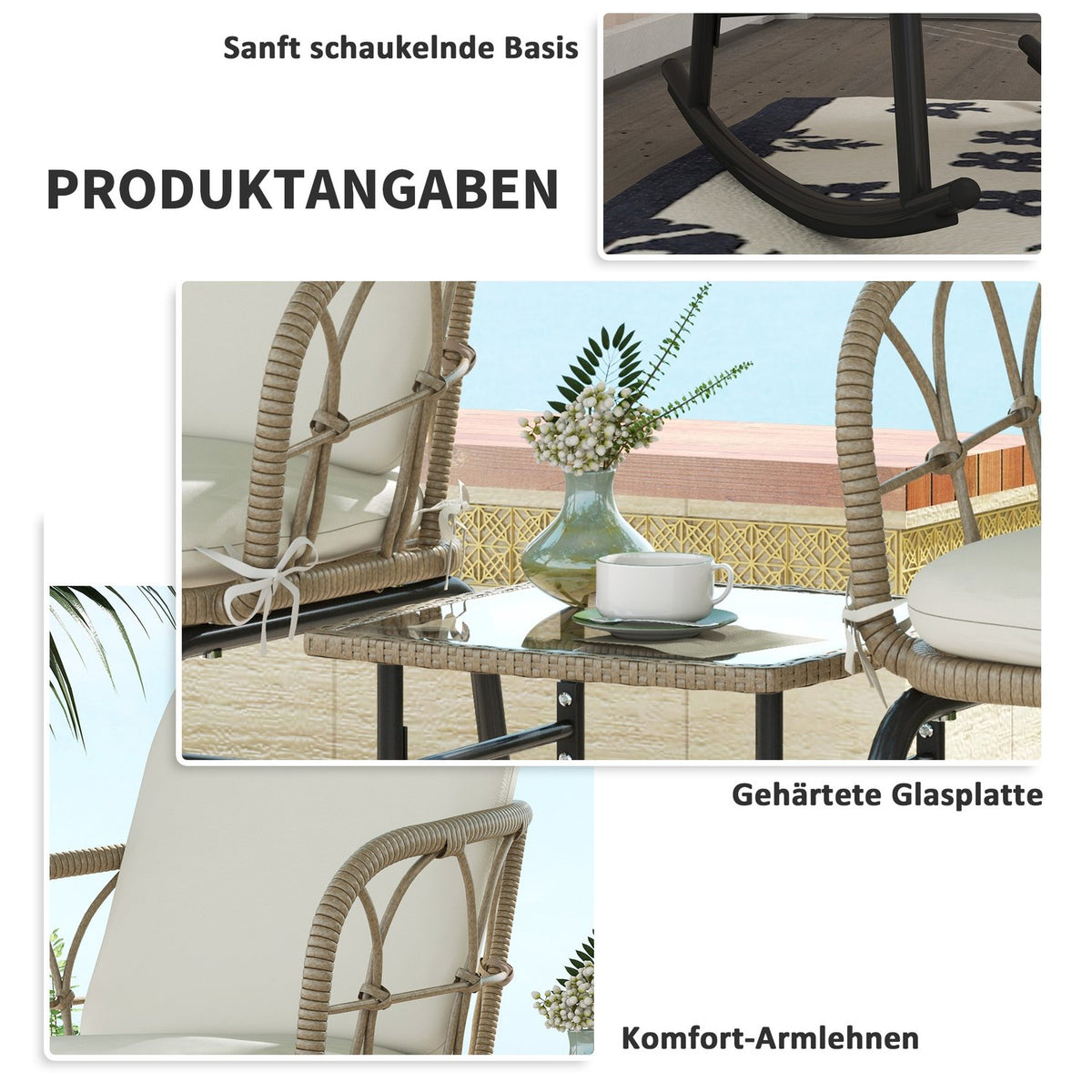 3 Pcs. Rat Rocking Chair Set, Garden Furniture Set With 2 Rocking Chairs, 1 Coffee Table, Garden Seating Group With Cushions