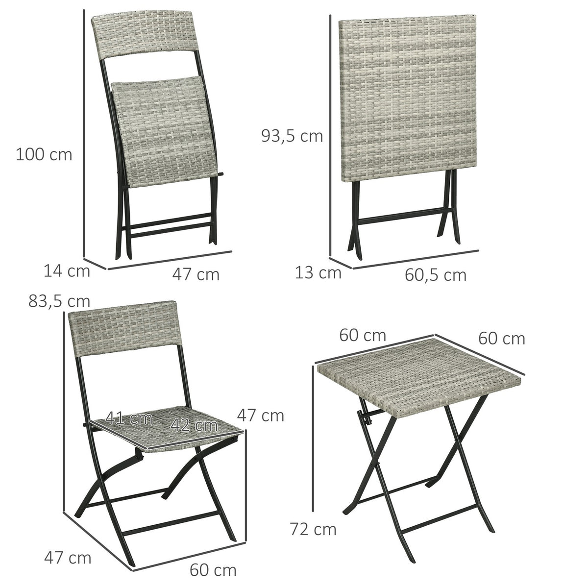 3 Pcs. Rats Balcony Furniture Set, Bistro Set With 2 Folding Chairs, Folding Table, Garden Furniture Set, Seating Group, Seating Set, Metal, Light Gray