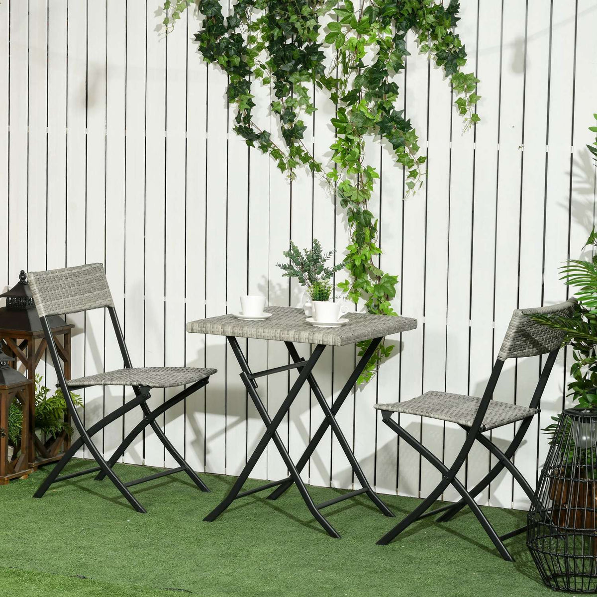 3 Pcs. Rats Balcony Furniture Set, Bistro Set With 2 Folding Chairs, Folding Table, Garden Furniture Set, Seating Group, Seating Set, Metal, Light Gray