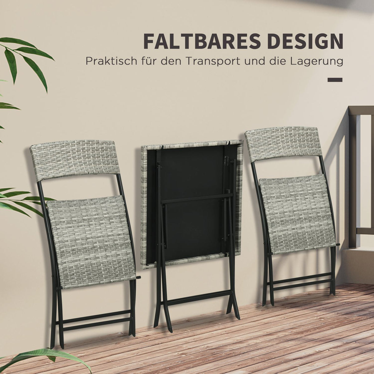 3 Pcs. Rats Balcony Furniture Set, Bistro Set With 2 Folding Chairs, Folding Table, Garden Furniture Set, Seating Group, Seating Set, Metal, Light Gray