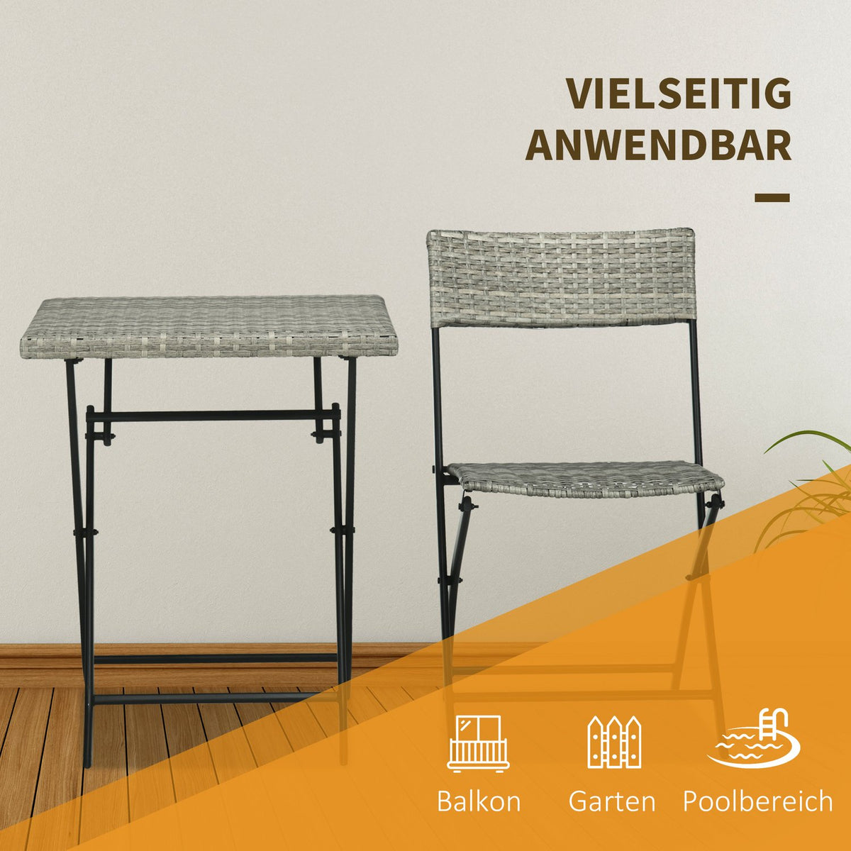 3 Pcs. Rats Balcony Furniture Set, Bistro Set With 2 Folding Chairs, Folding Table, Garden Furniture Set, Seating Group, Seating Set, Metal, Light Gray