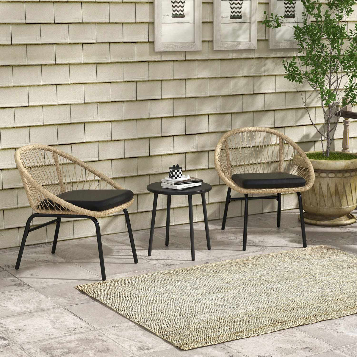 3 Pcs. Rattan Garden Furniture Set, Balcony Furniture Set With Coffee Table, 2 Chairs, Seating Set With Cushions, Polyester, Yellow