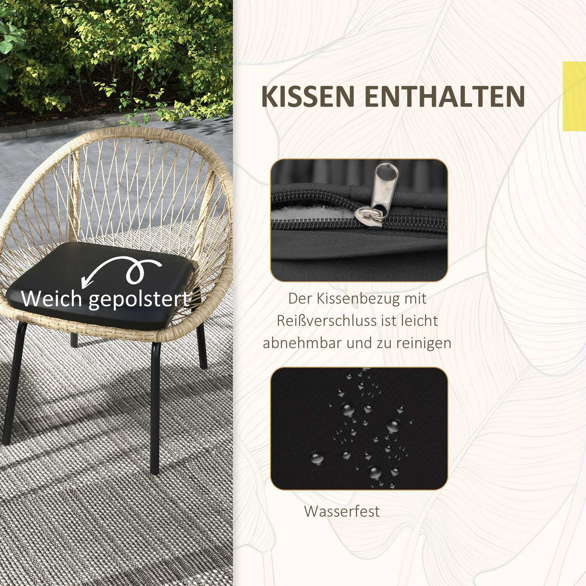 3 Pcs. Rattan Garden Furniture Set, Balcony Furniture Set With Coffee Table, 2 Chairs, Seating Set With Cushions, Polyester, Yellow