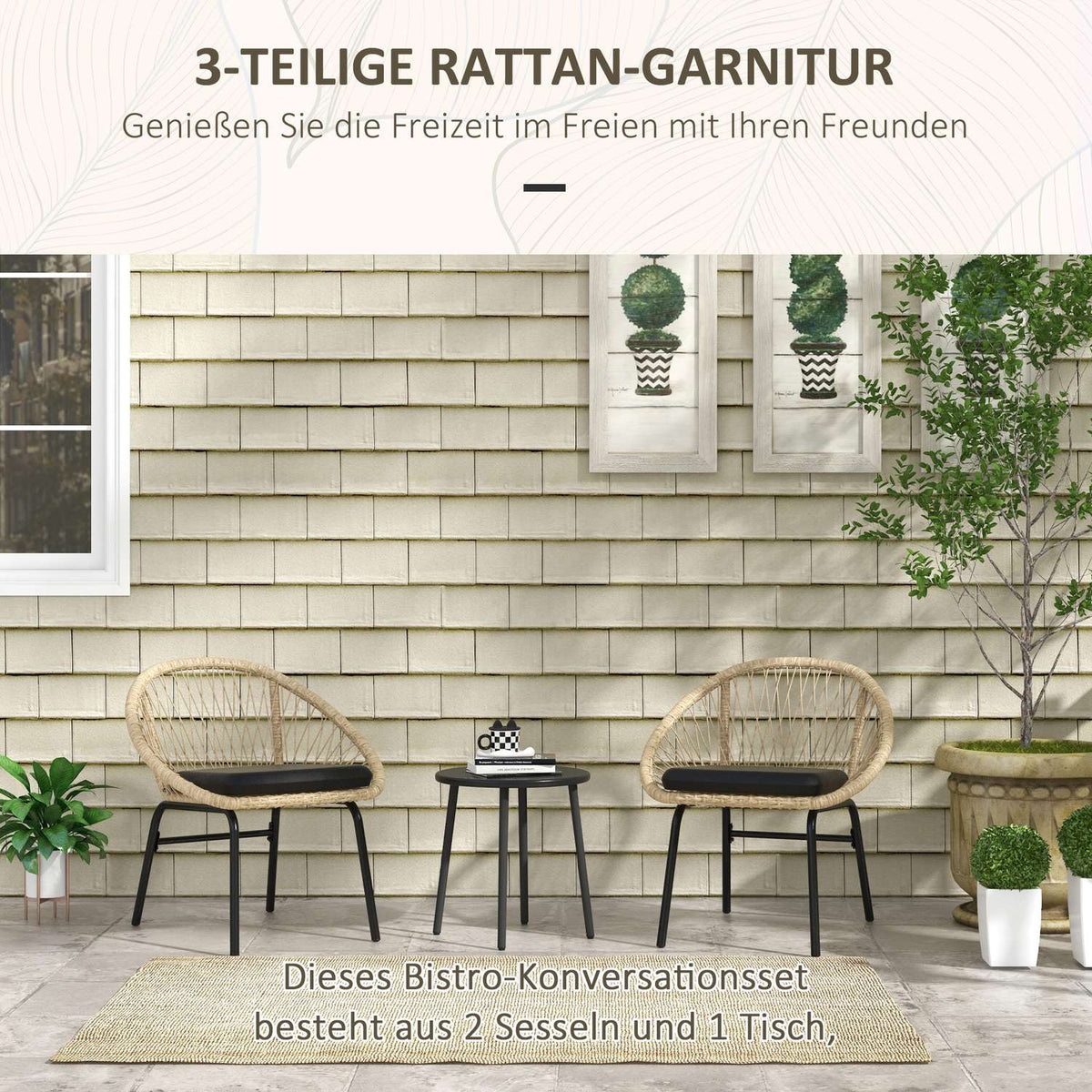 3 Pcs. Rattan Garden Furniture Set, Balcony Furniture Set With Coffee Table, 2 Chairs, Seating Set With Cushions, Polyester, Yellow