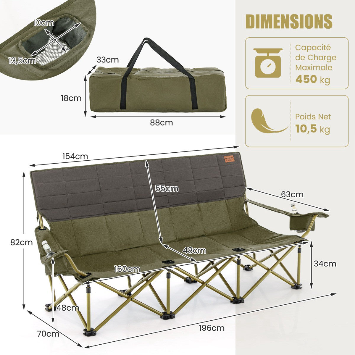 3-Person Folding Camping Chair, Padded, 2 Cup Holders, Green