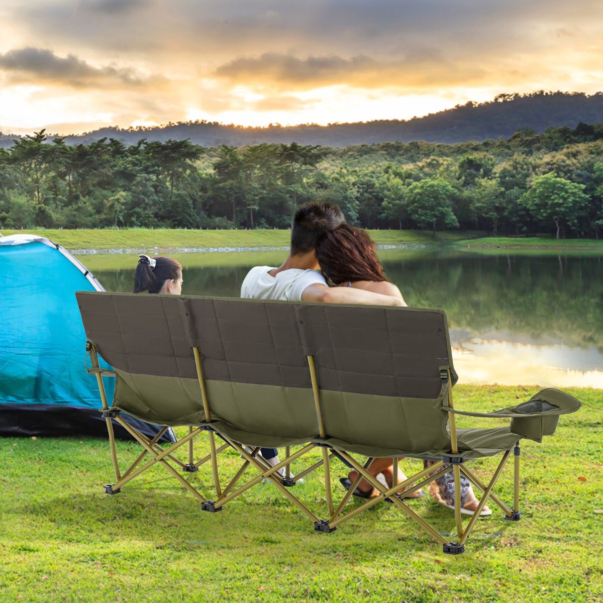 3-Person Folding Camping Chair, Padded, 2 Cup Holders, Green