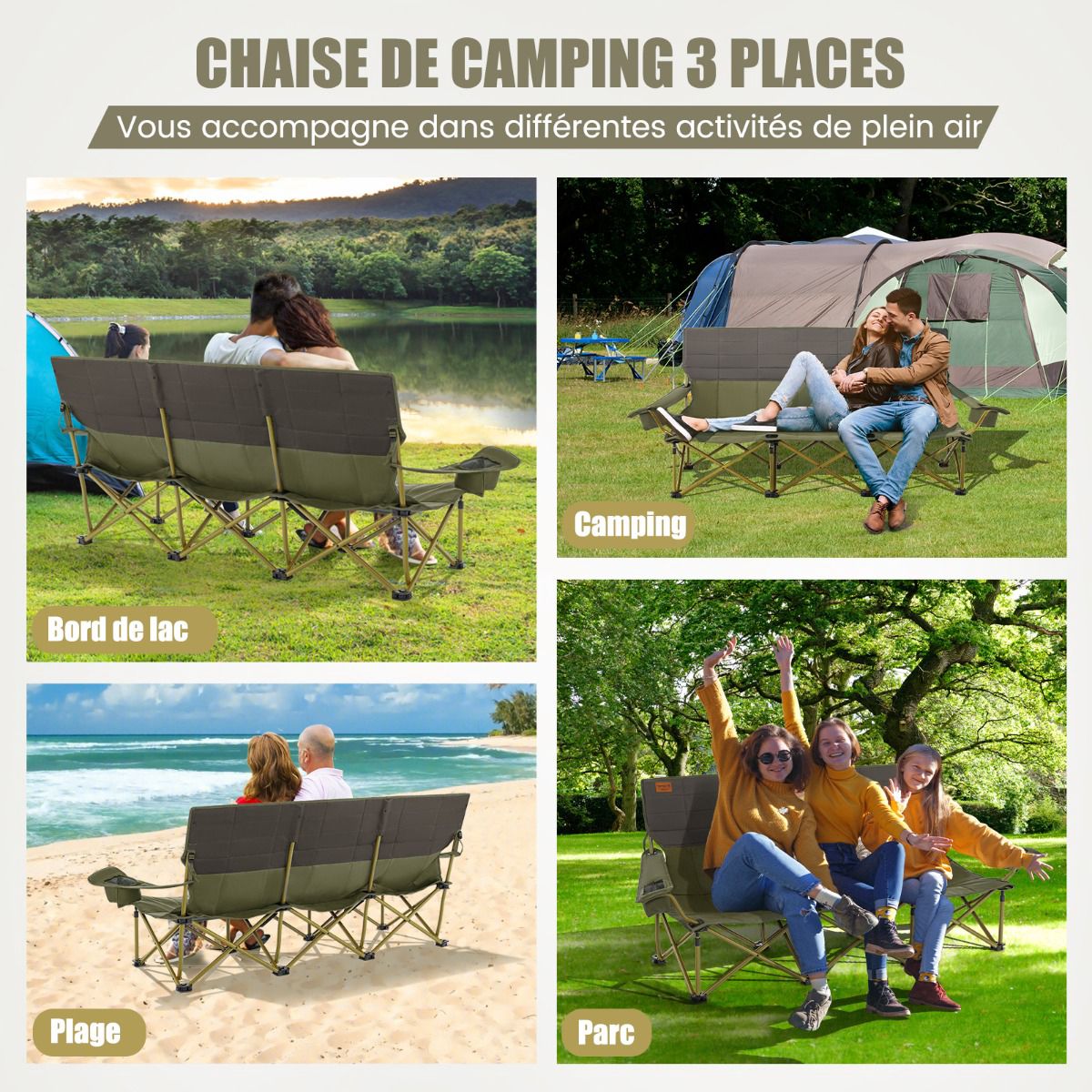 3-Person Folding Camping Chair, Padded, 2 Cup Holders, Green
