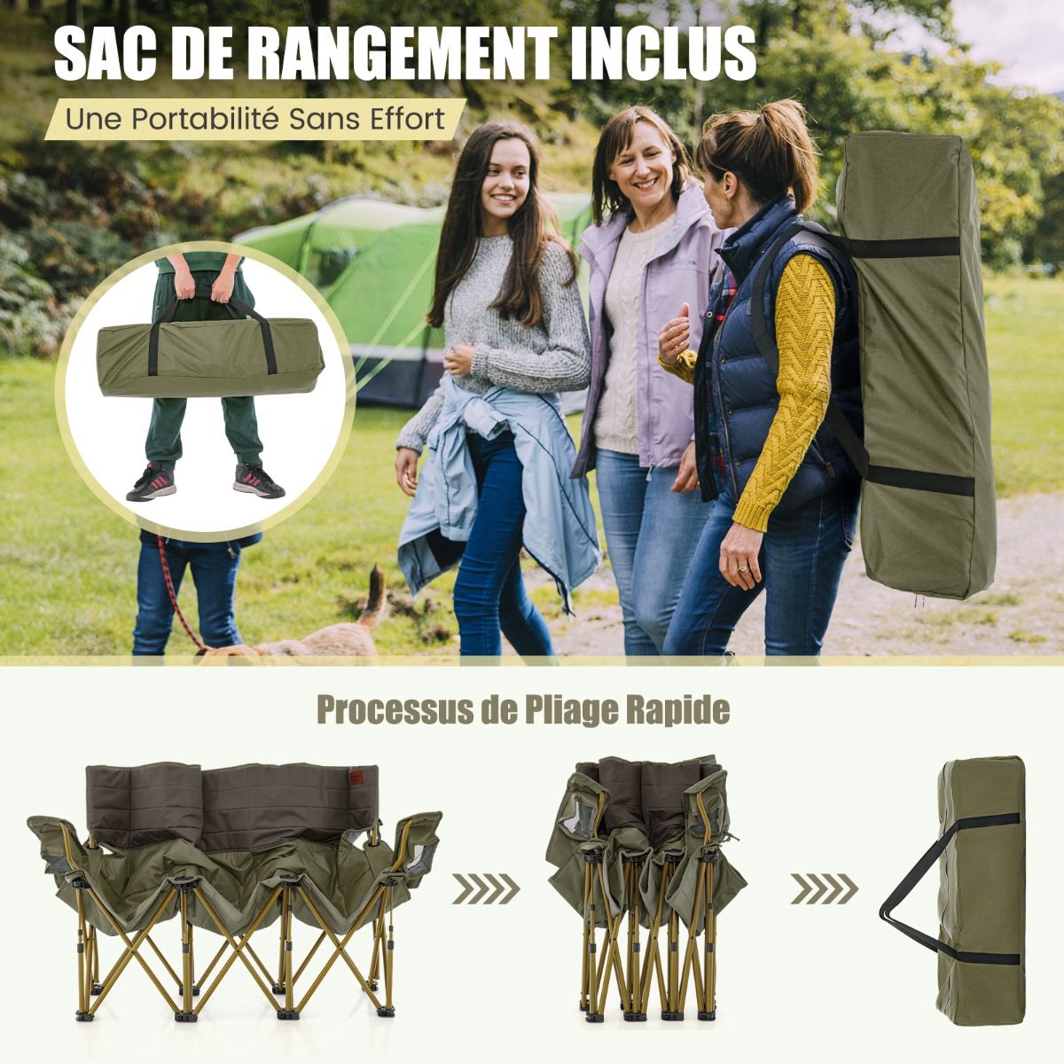 3-Person Folding Camping Chair, Padded, 2 Cup Holders, Green