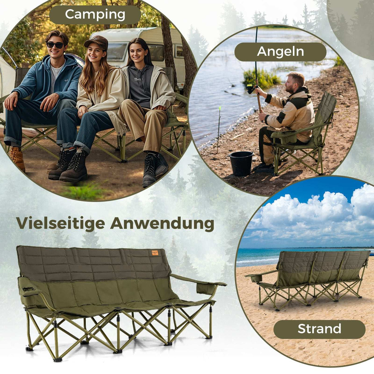3-Person Folding Camping Sofa with Adjustable Armrests
