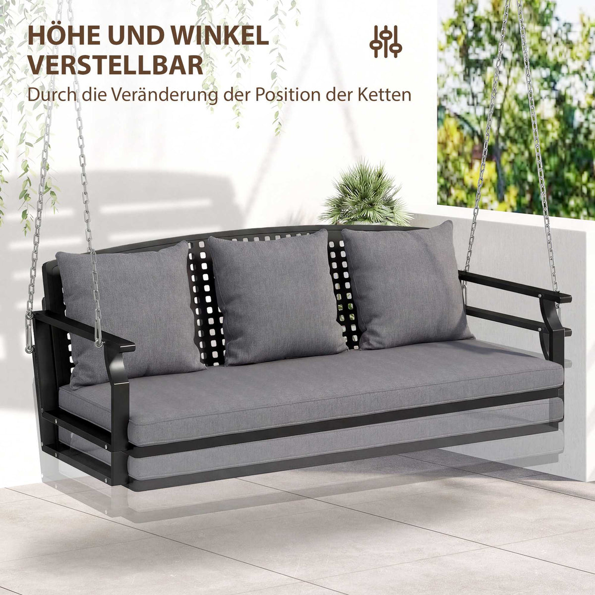 3-Person Outdoor Swing Bench with Cushions, Adjustable Chains