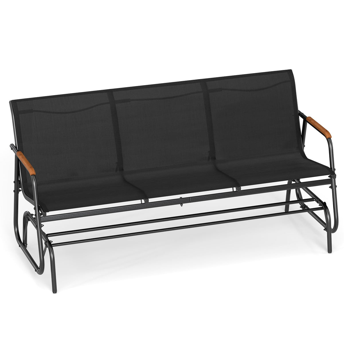 3-Person Patio Swing Bench with Teak Armrests, Black