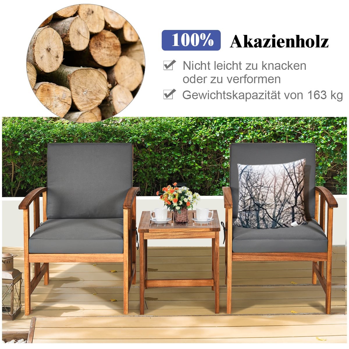 3-Piece Acacia Wood Sofa Set with Cushions