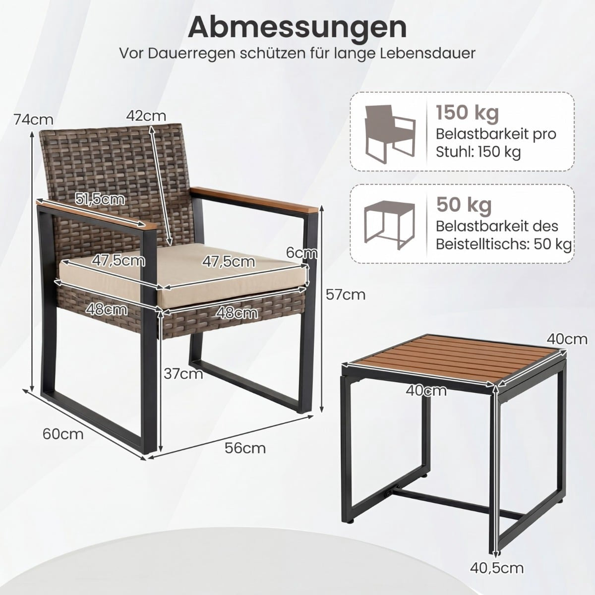 3-Piece Balcony Furniture Set with Cushions and Table