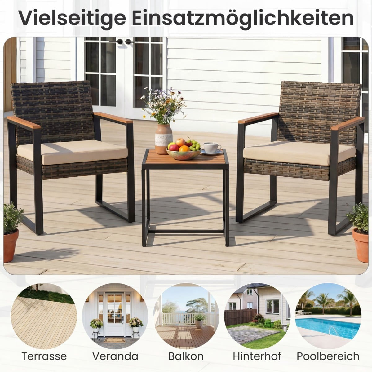 3-Piece Balcony Furniture Set with Cushions and Table