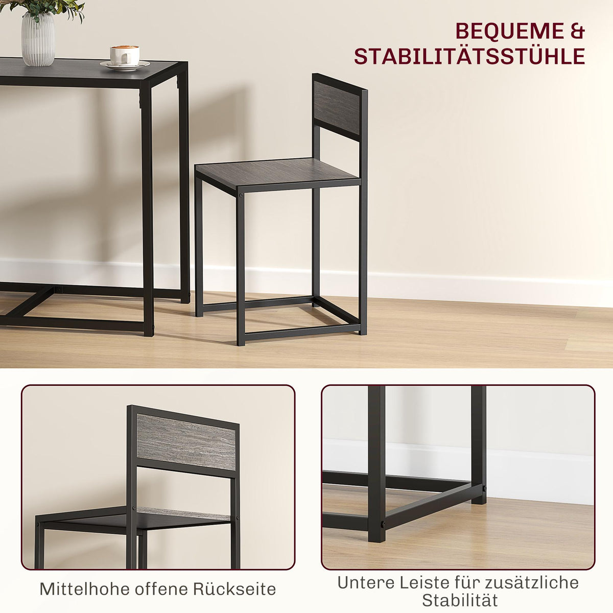 3-Piece Bar Table Set with 2 Chairs, Grey MDF, Steel Frame