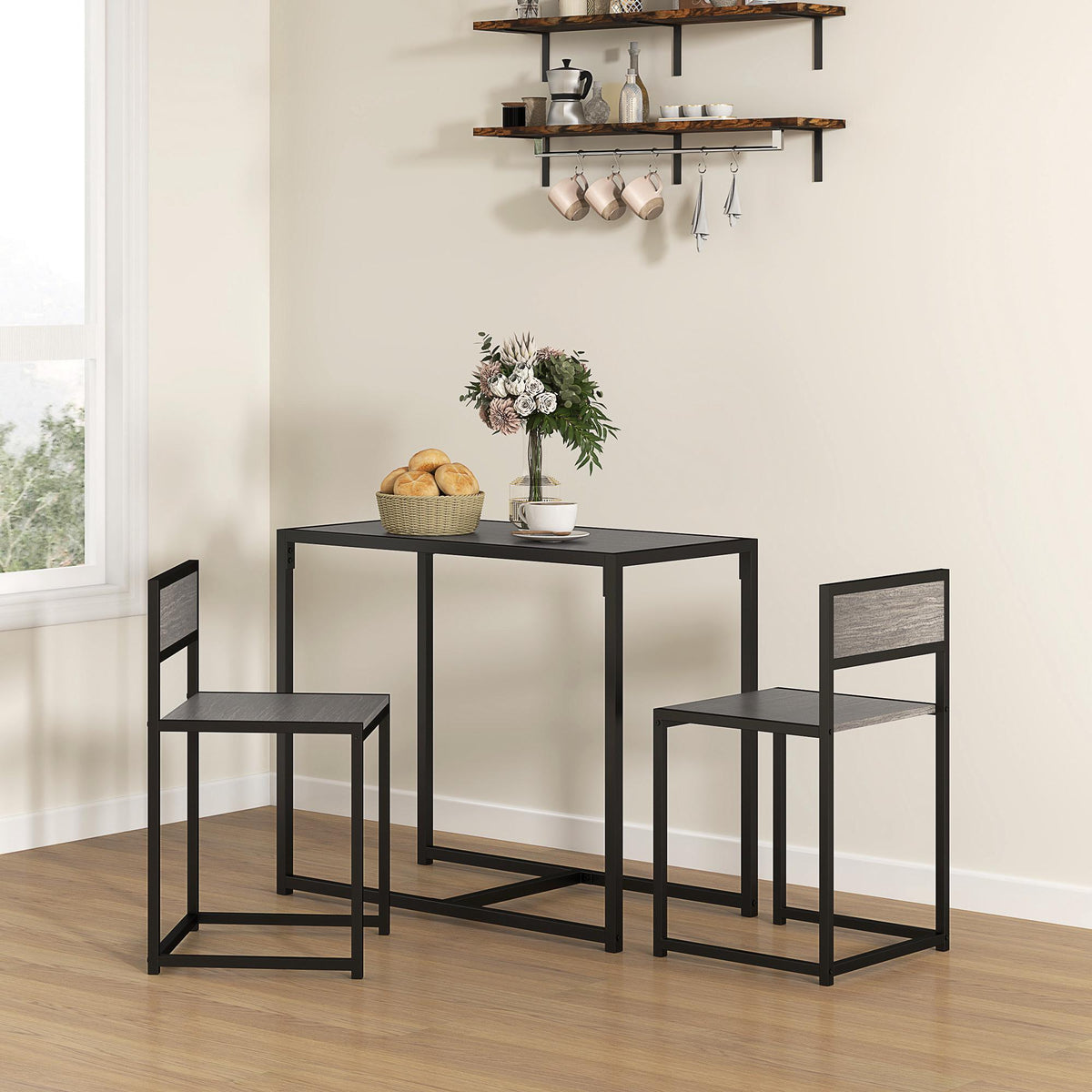 3-Piece Bar Table Set with 2 Chairs, Grey MDF, Steel Frame