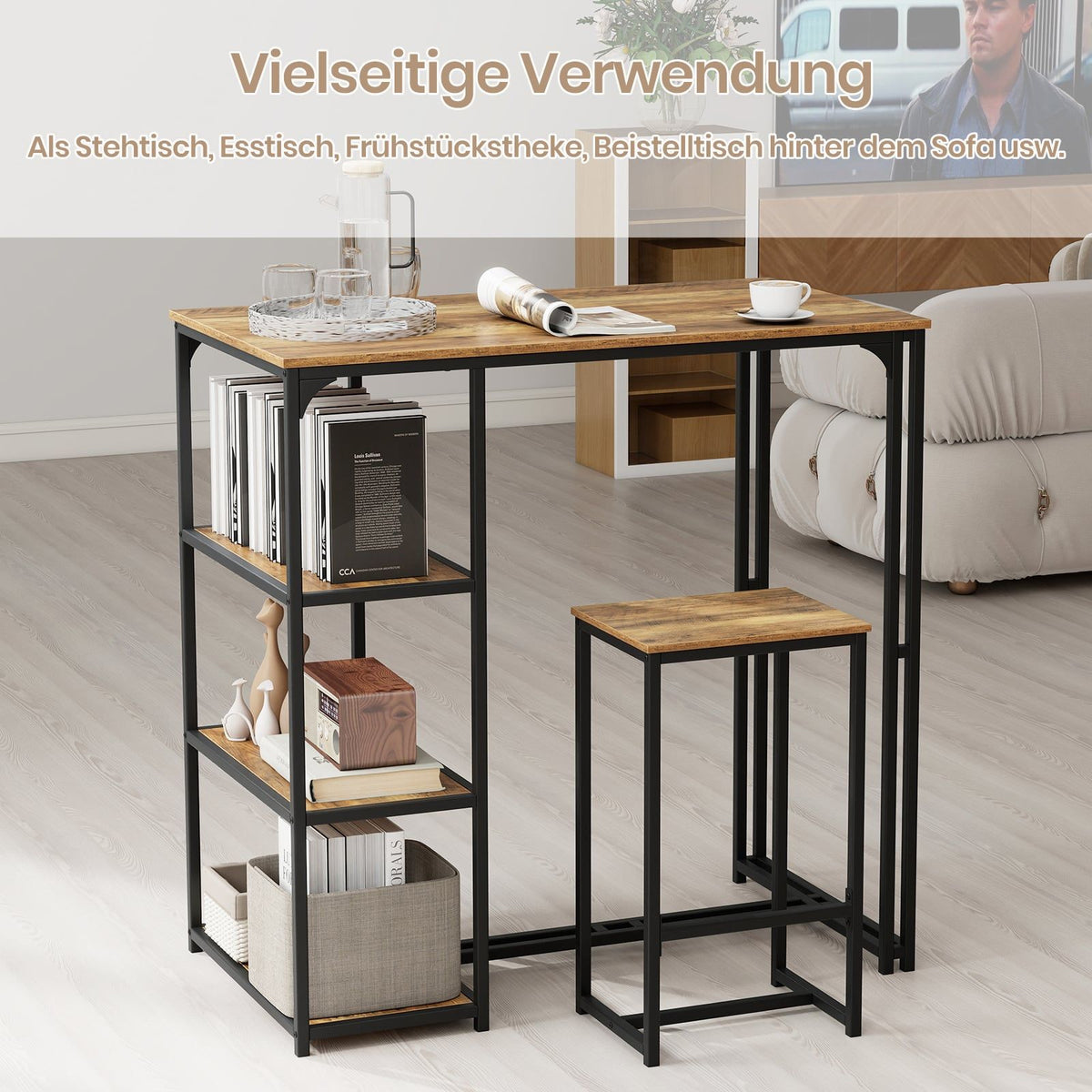 3-Piece Bar Table Set with Stools and Storage Shelves