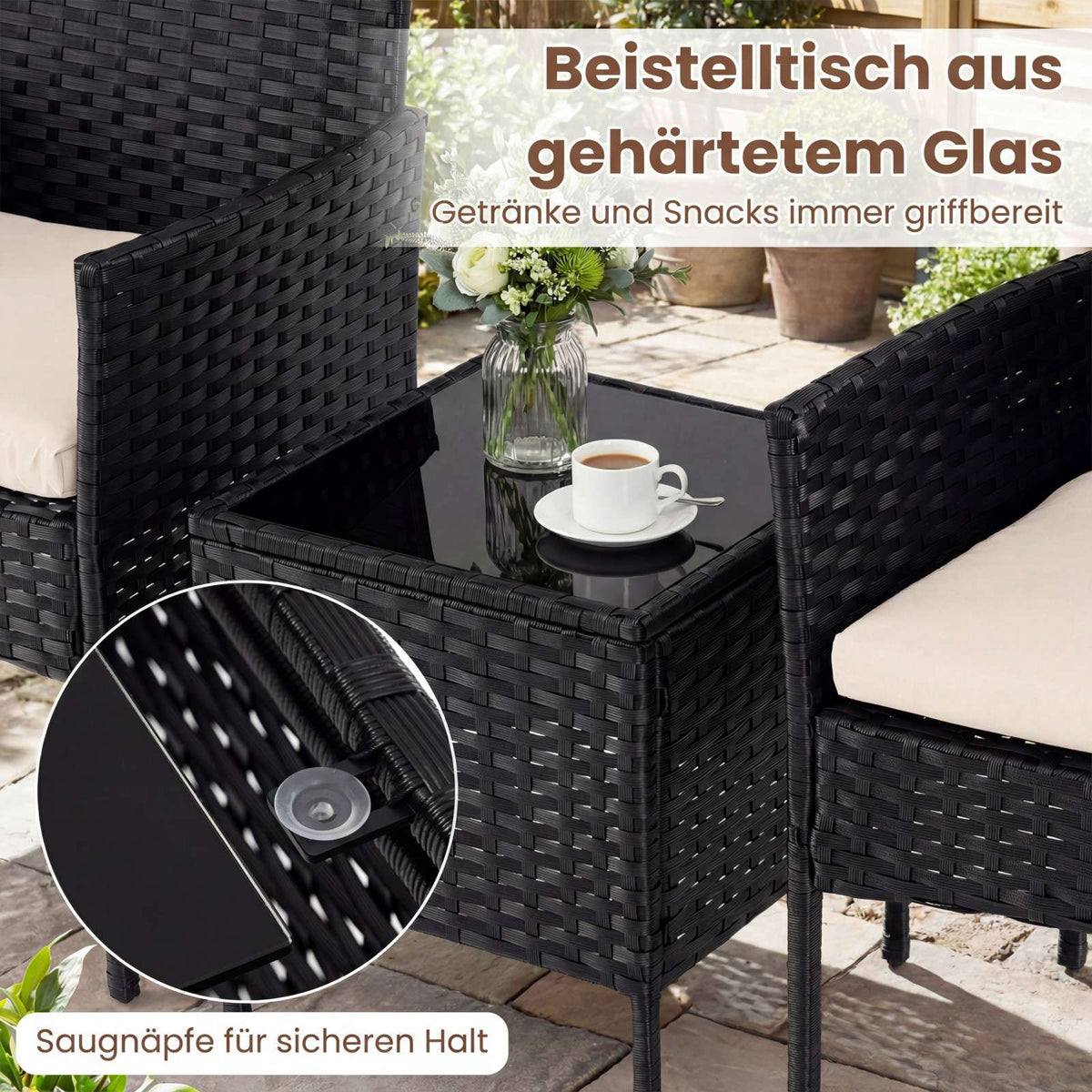 3-Piece Beige Rattan Balcony Set with Glass Table