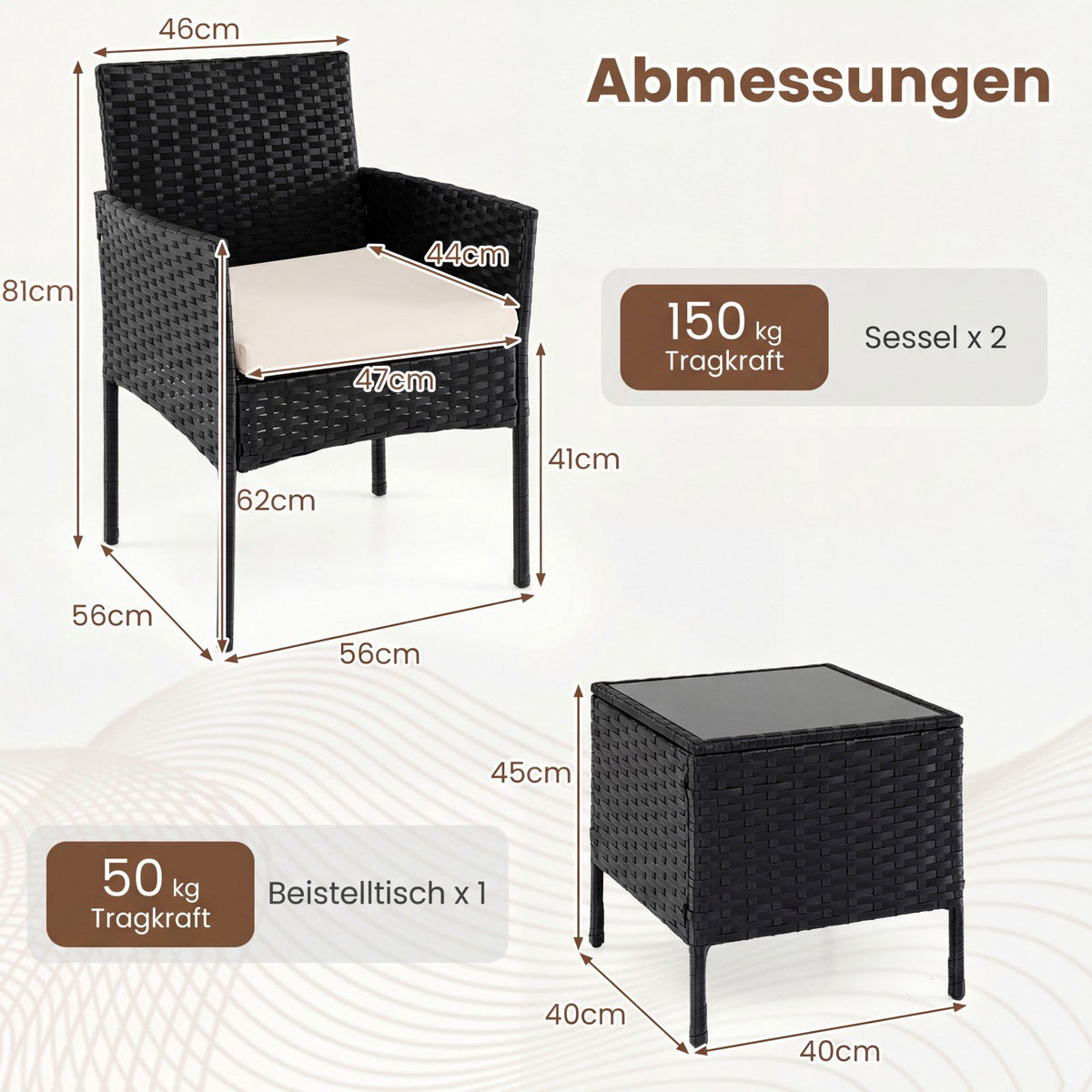 3-Piece Beige Rattan Balcony Set with Glass Table
