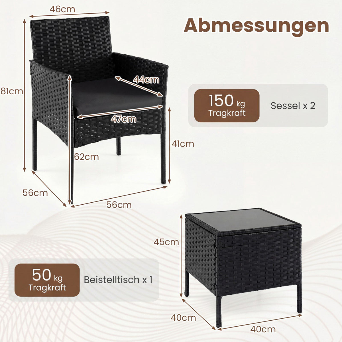 3-Piece Black Rattan Outdoor Furniture Set with Table