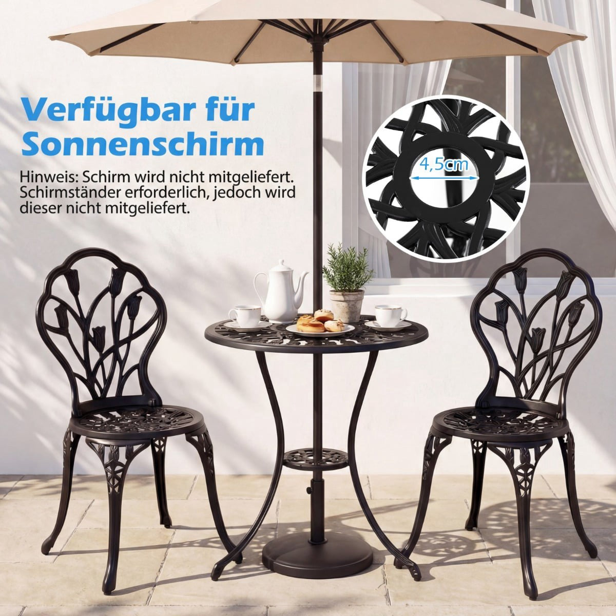 3-Piece Cast Aluminum Bistro Set with Umbrella Hole