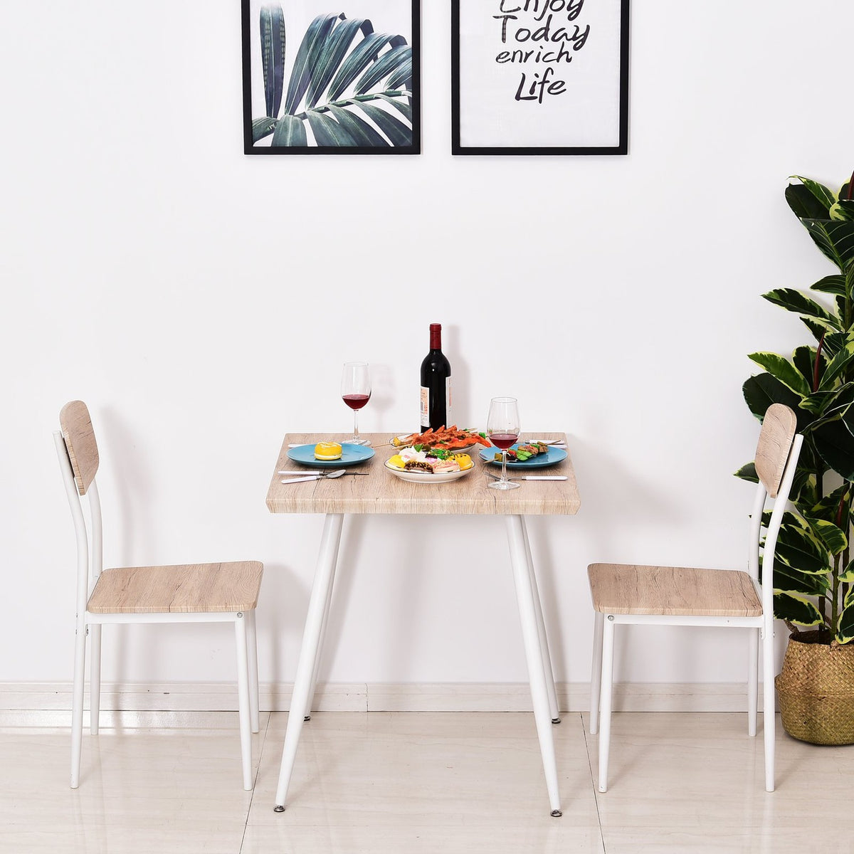3-Piece Dining Group Dining Table Set Mdf + Metal Natural Wood Grain + White With 1 Table + 2 Chairs