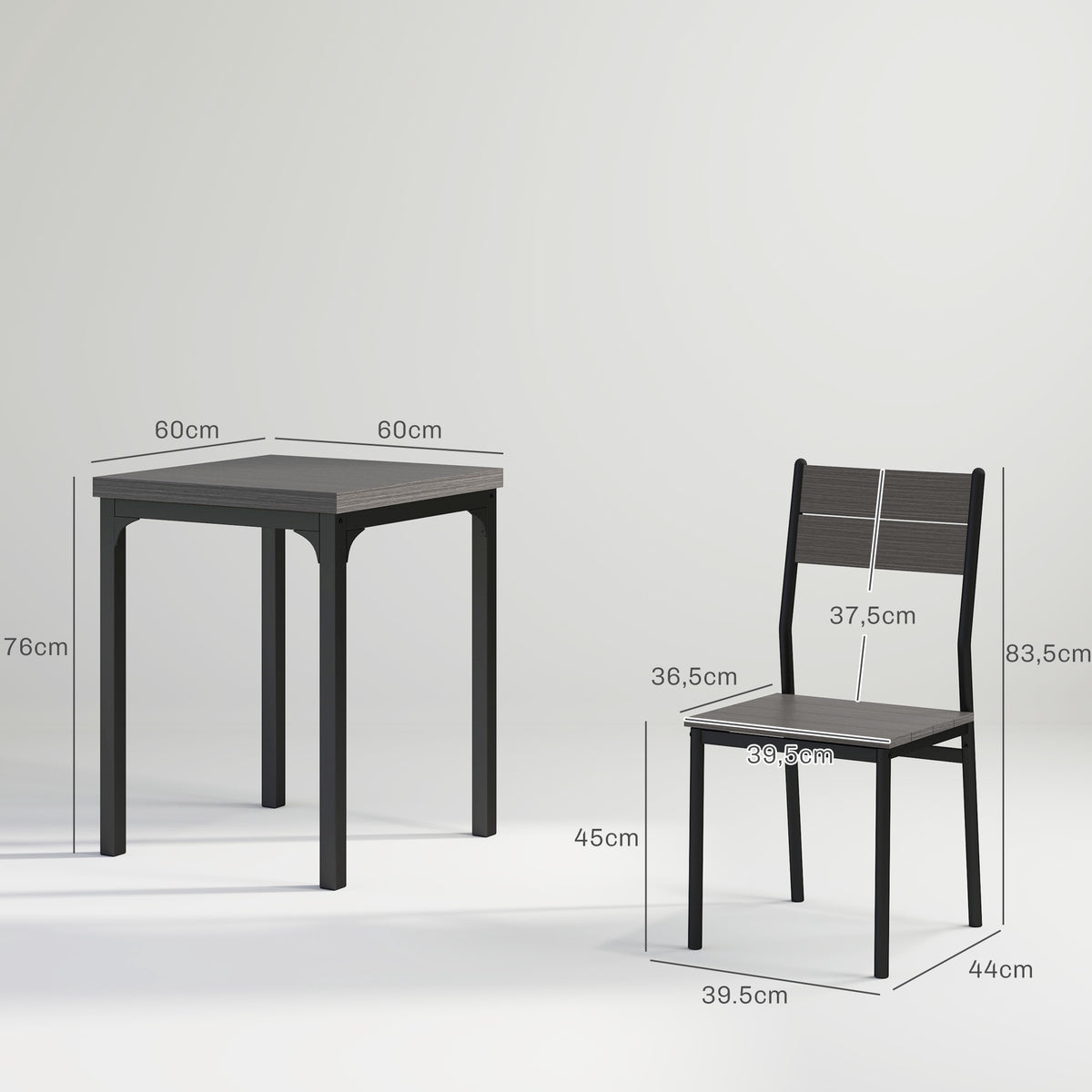 3-Piece Dining Set, Table and 2 Chairs, MDF & Metal, Gray