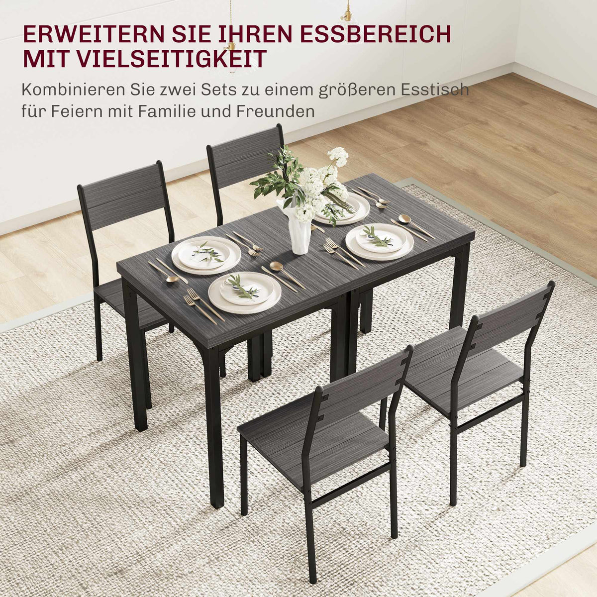3-Piece Dining Set, Table and 2 Chairs, MDF & Metal, Gray
