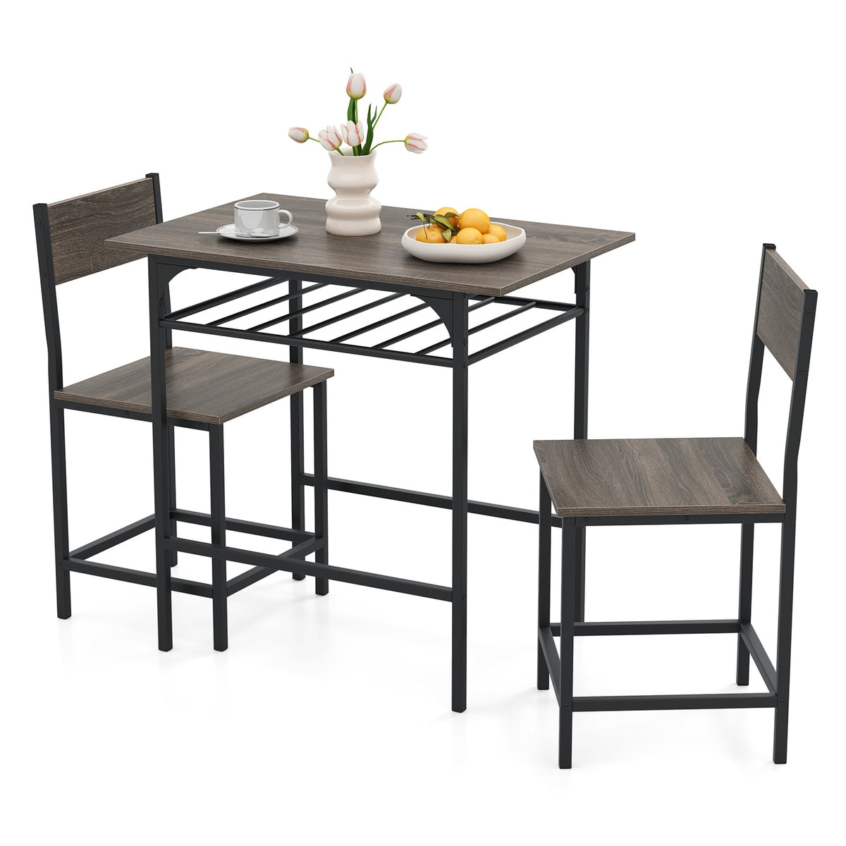 3-Piece Dining Set, Wood Table & 2 Chairs, Gray