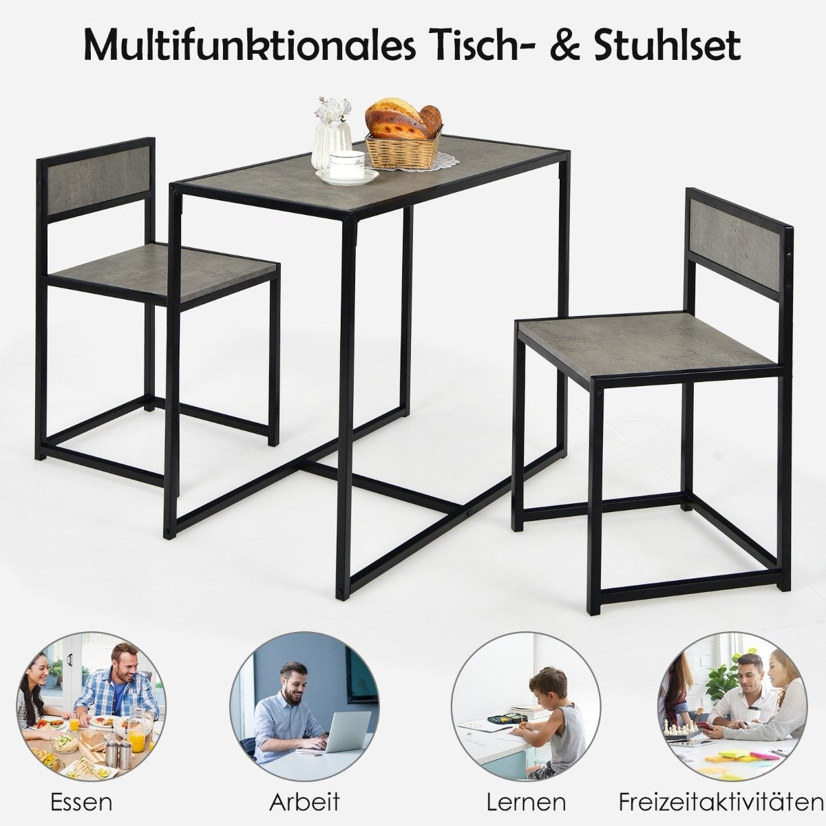 3-Piece Dining Set with Compact Table & 2 Chairs, Gray