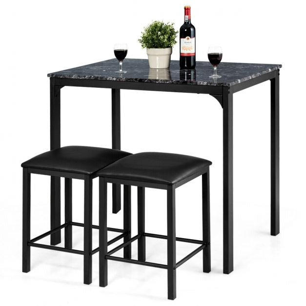 3-Piece Dining Table Set, 2 Faux Leather Stools, Black