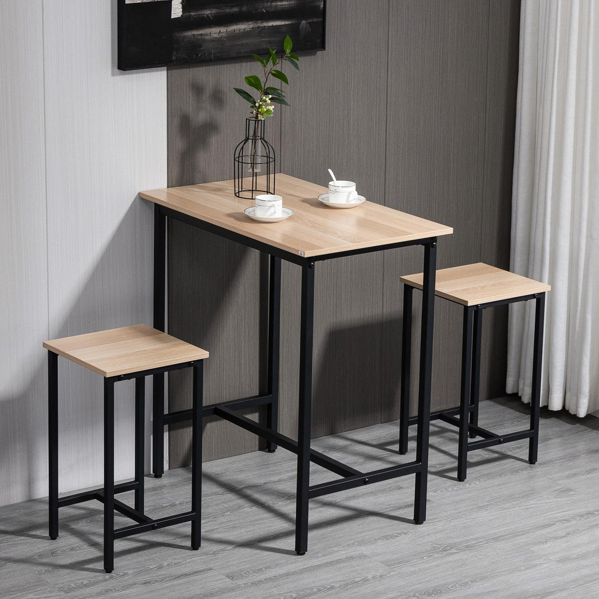 3-Piece Dining Table Set For Balcony And Garden, Chipboard And Steel Frame, Natural Wood Look And Black, 80X50X85Cm