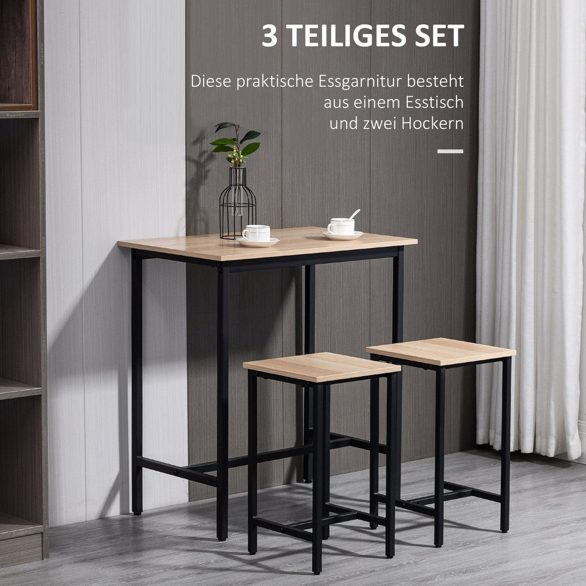 3-Piece Dining Table Set For Balcony And Garden, Chipboard And Steel Frame, Natural Wood Look And Black, 80X50X85Cm