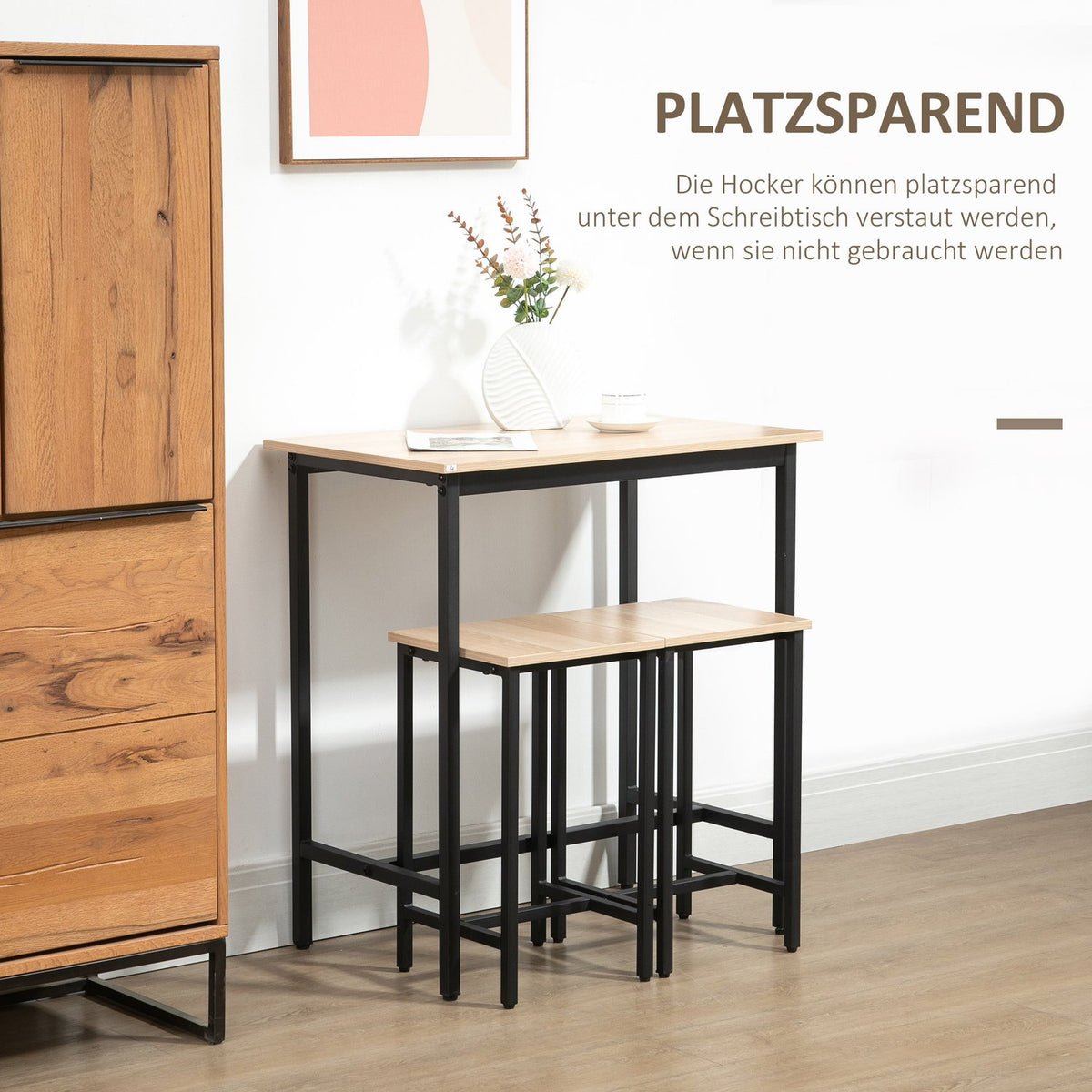 3-Piece Dining Table Set For Balcony And Garden, Chipboard And Steel Frame, Natural Wood Look And Black, 80X50X85Cm