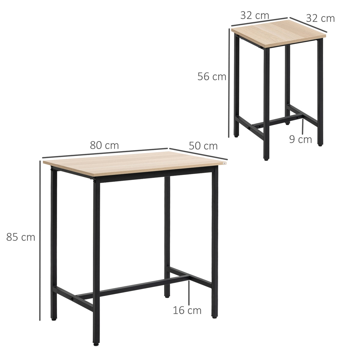 3-Piece Dining Table Set For Balcony And Garden, Chipboard And Steel Frame, Natural Wood Look And Black, 80X50X85Cm