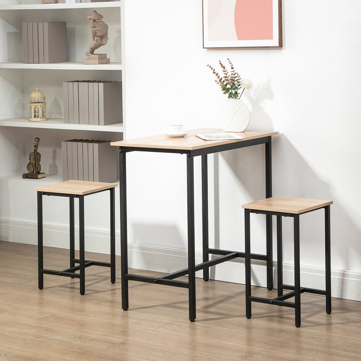 3-Piece Dining Table Set For Balcony And Garden, Chipboard And Steel Frame, Natural Wood Look And Black, 80X50X85Cm