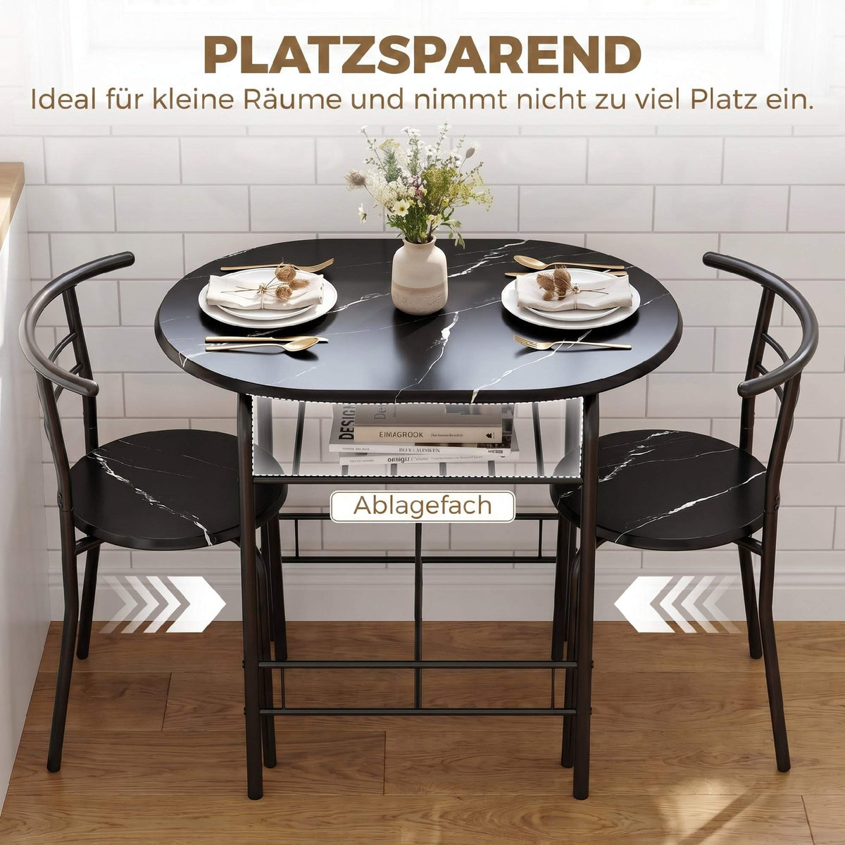 3-Piece Dining Table Set for 2, Black Marble Look, Shelf