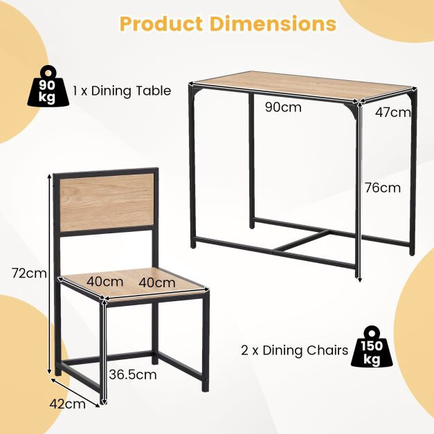 3-Piece Dining Table Set for 2, Metal Frame, Rustic Top