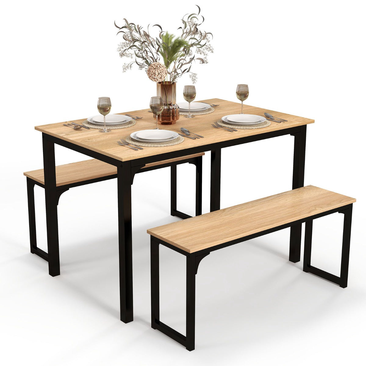 3-Piece Dining Table Set with 2 Benches, Natural