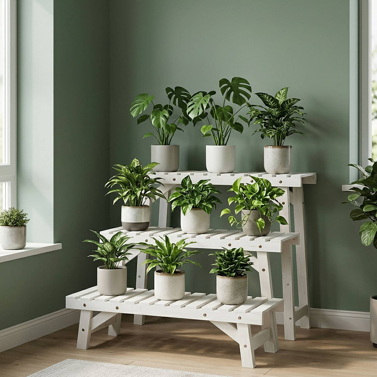 3-Piece Fir Wood Plant Stand Set – White