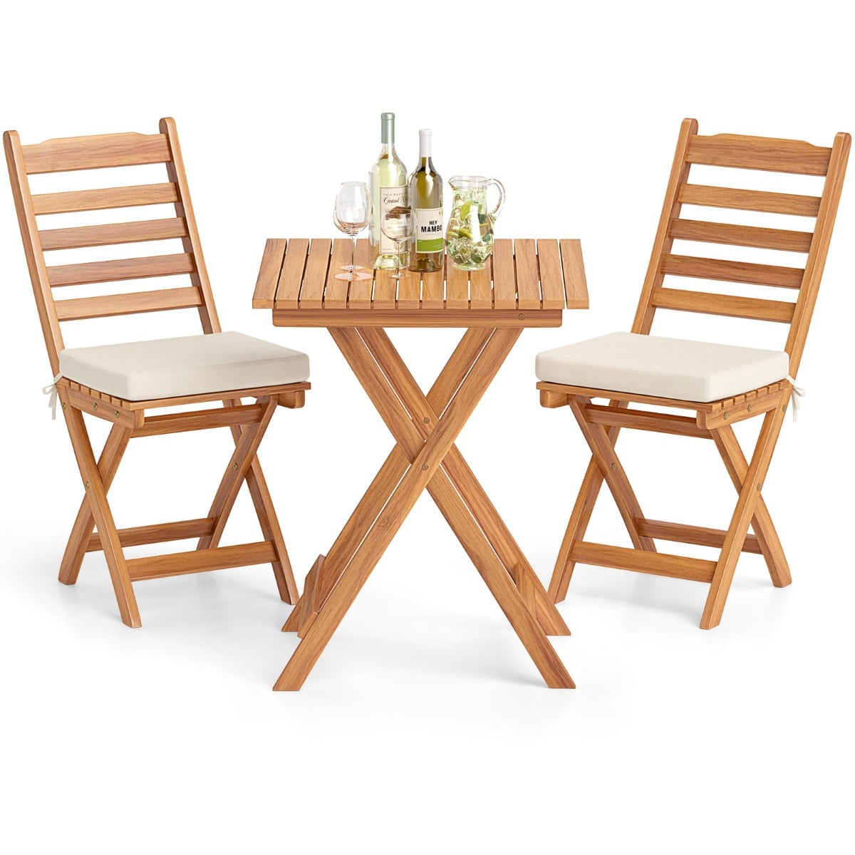 3-Piece Folding Balcony Set with Cushions, Acacia Wood